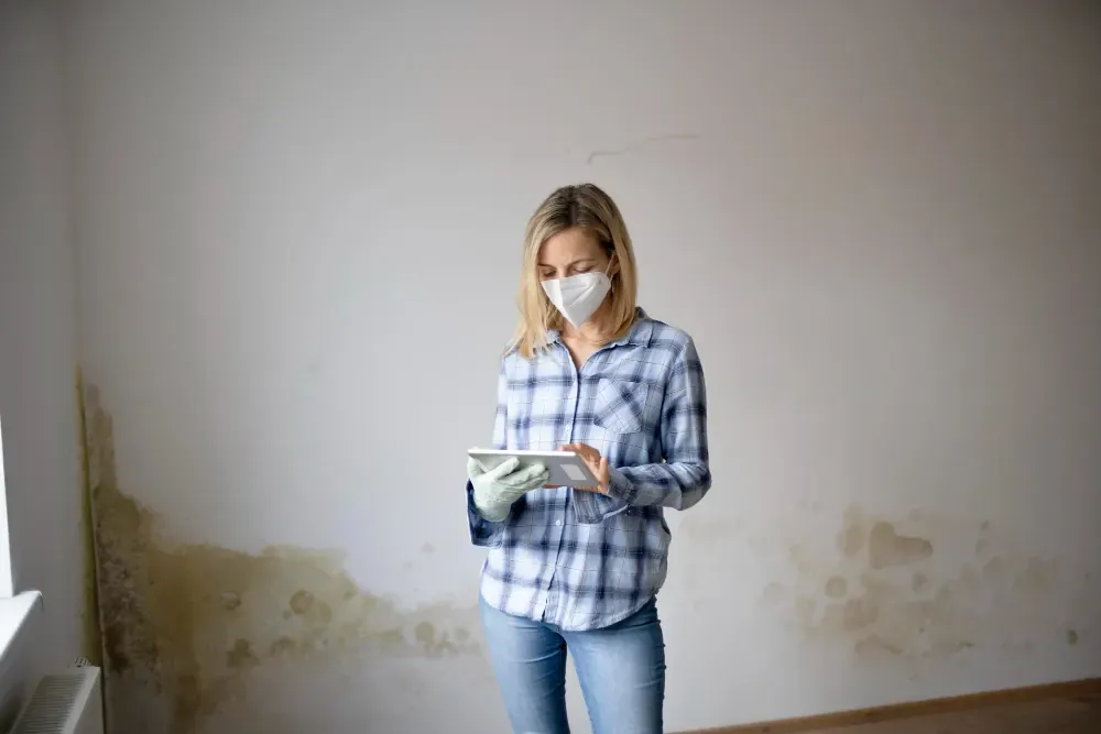 A surveyor recording a damp and mould inspection in a home