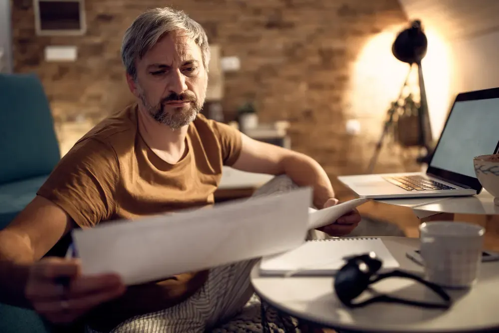 A resident going through paperwork at home