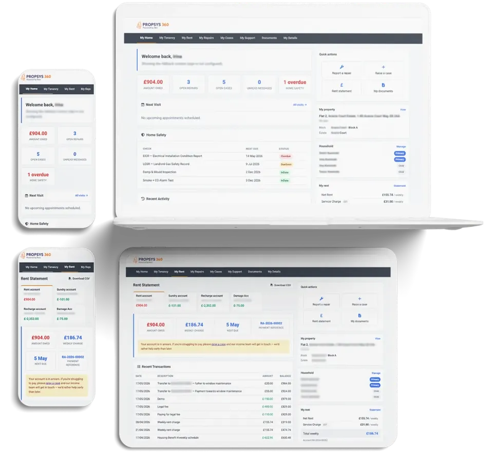The Propsys360 resident portal showing repairs, rent and documents