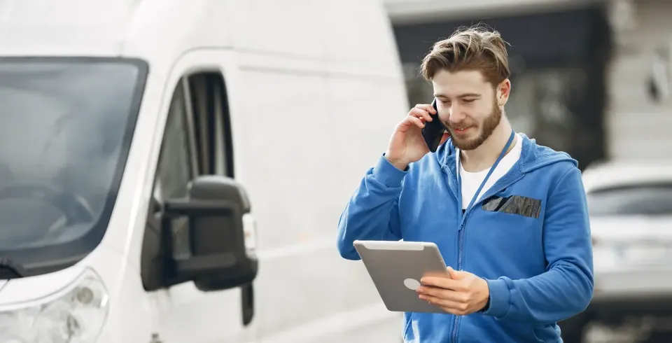 A contractor beside a works van, checking a job on a tablet
