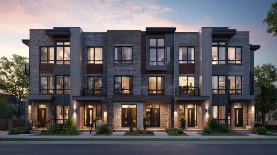 A terrace of modern townhouses at dusk