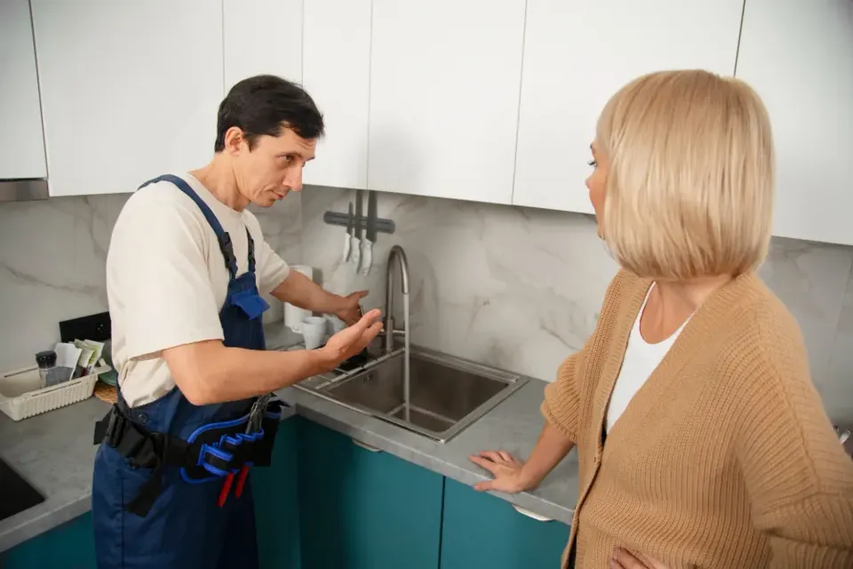 An operative explaining a repair to a resident in her kitchen