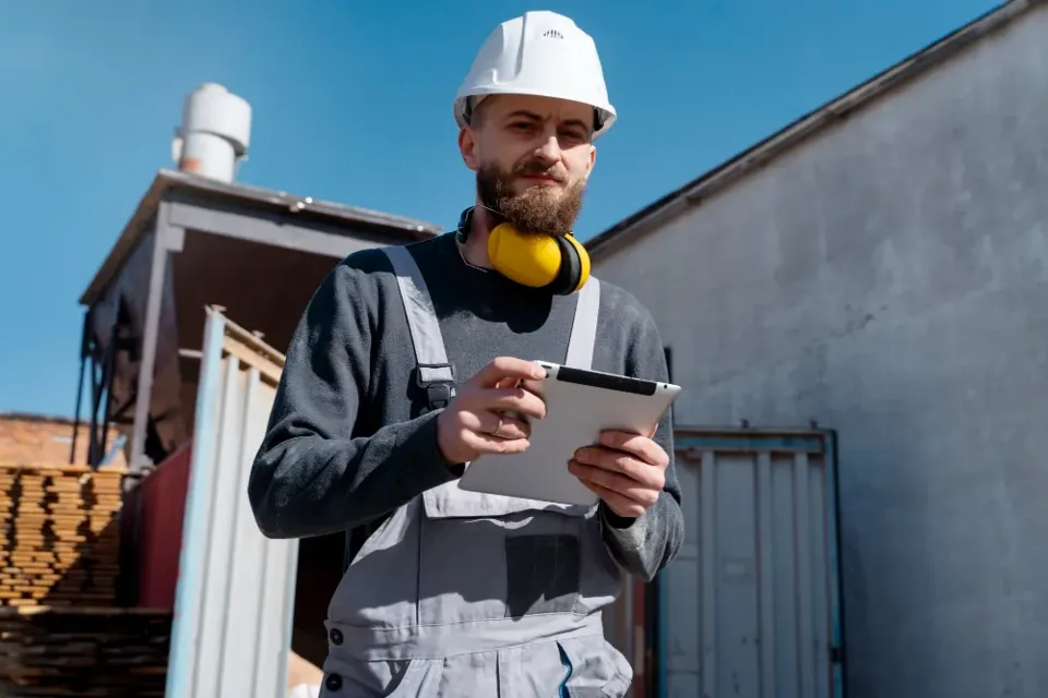 An engineer working on site with a tablet