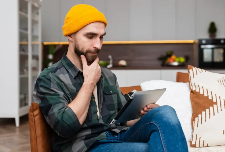 A resident using a housing app on a tablet at home