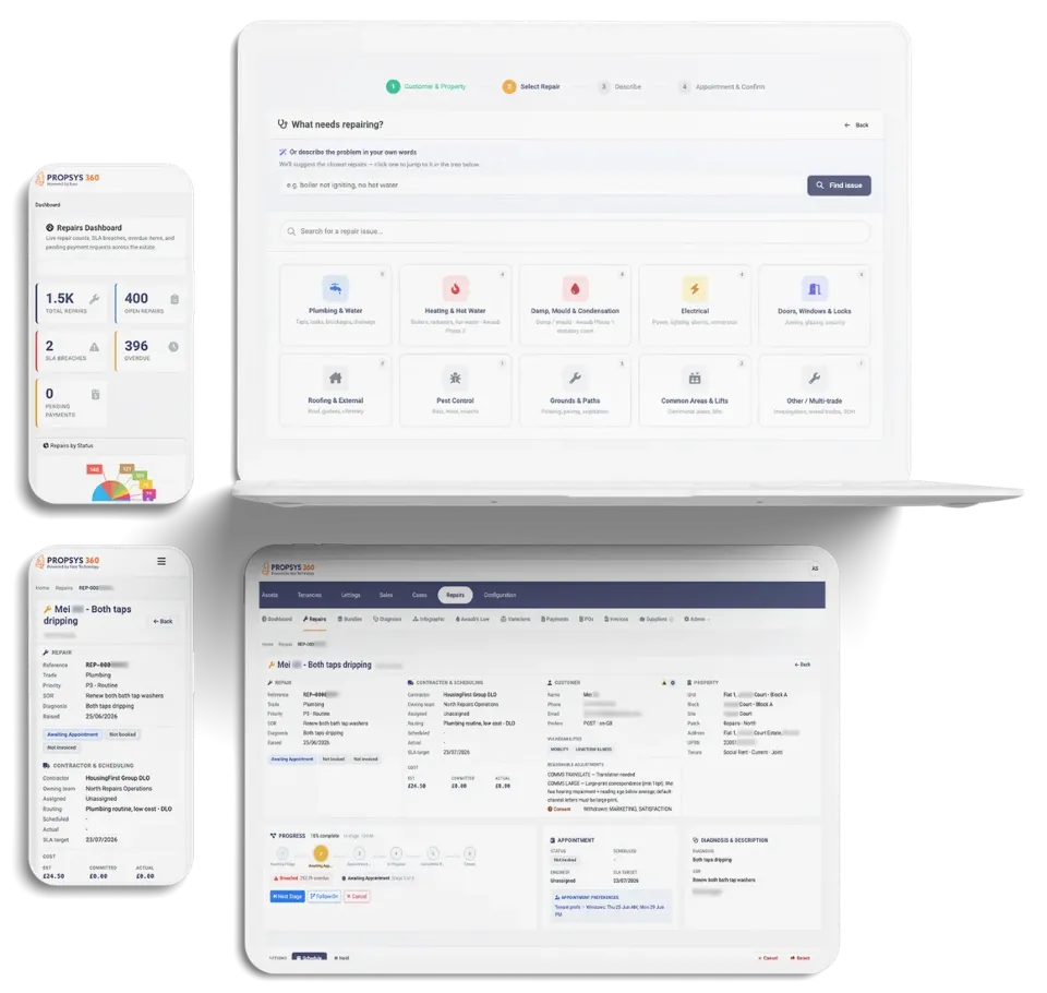 A repair record in Propsys360 showing diagnosis, scheduling and job status