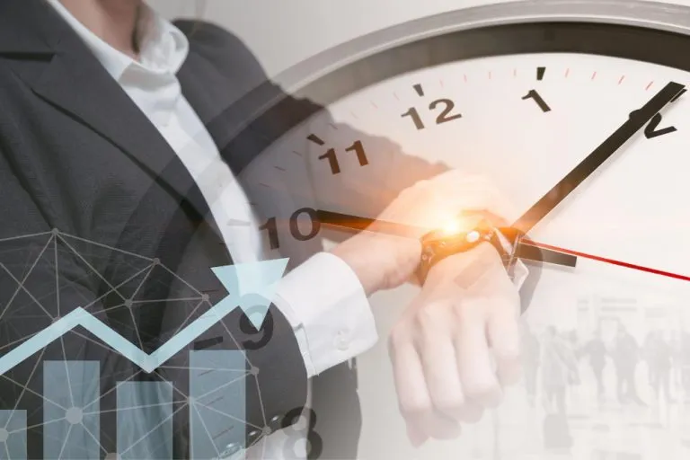 business-times-office-working-hours-business-people-look-wristwatch-overlay-with-time-clock-face-with-company-profit-wealth-income-chart