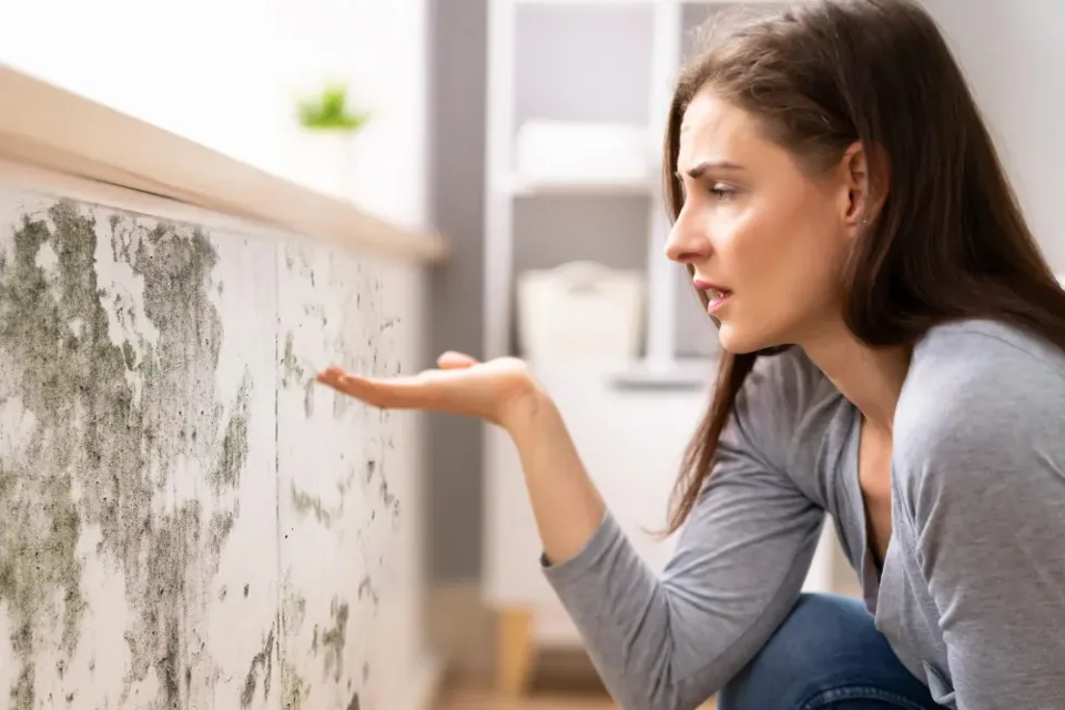 A resident looking at mould spreading across a wall in her home