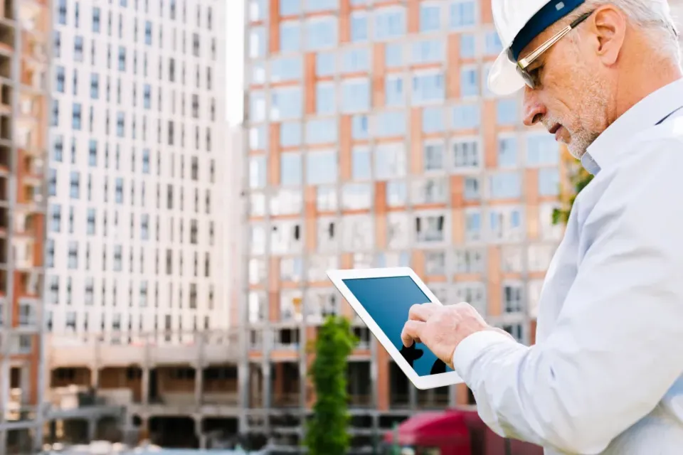 A surveyor recording stock condition on a tablet outside a block of flats