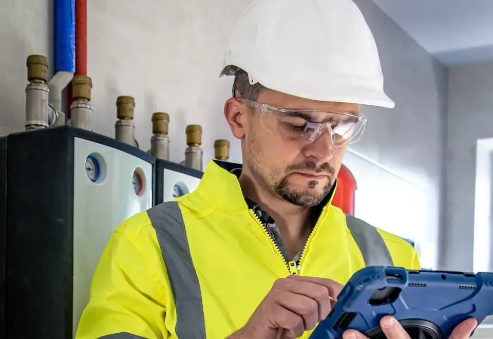 An engineer recording a plant room inspection on a tablet