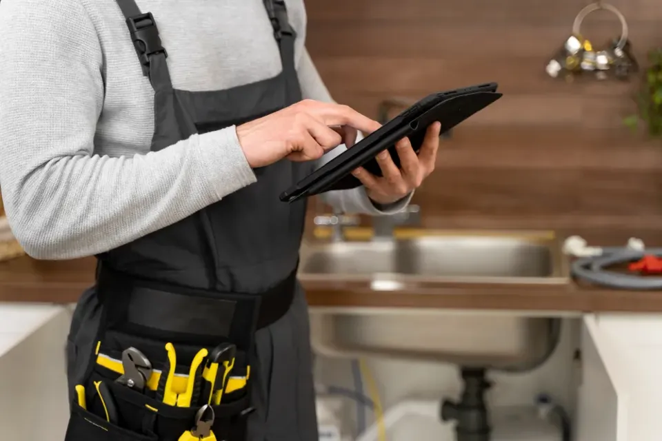 An operative recording a job on a tablet in a kitchen